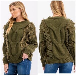 Bibi CABLE KNIT PULLOVER  SWEATER with Fur Details